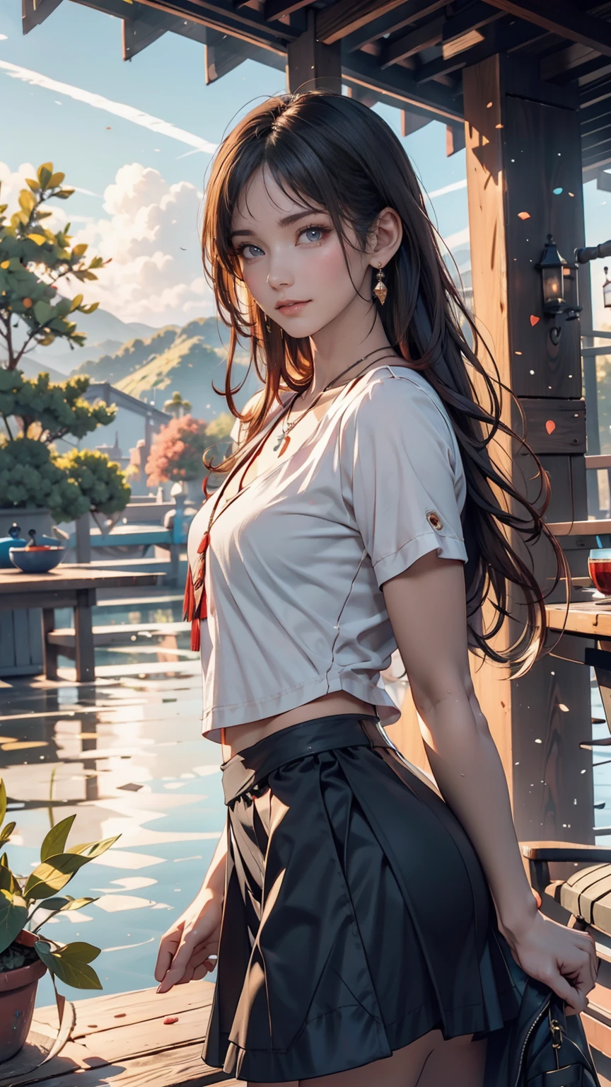 1 girl, Happy expression, Attractive eyes, Straight Long Hair, Flowing skirt, big, Gaze at the sun, Calm posture, Porcelain-like skin, A faint blush, Crystal Pendant BREAK Golden Hour, (Edge lighting): 1.2, Cool colors, Solar flare, Soft Shadows, Bright colors, Paint Effects, Great atmosphere Rest Beautiful lake, Distant Mountain々, pine tree, Summit, reflection, Sunlit clouds, Quiet atmosphere, Idyllic sunrise, Super detailed, Official Art, Unified 8k wallpaper, Tangled, Mandala
