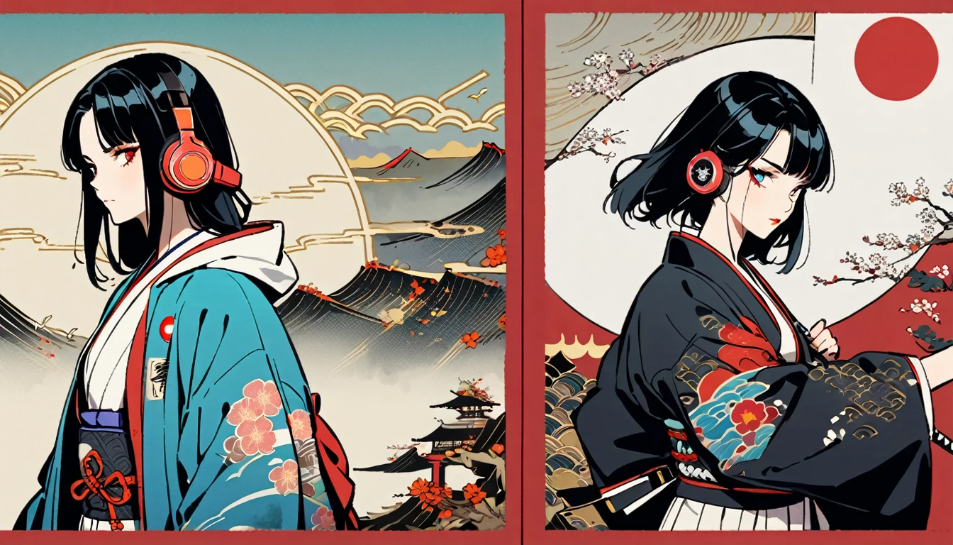 (((1 girl))), (((Flashy makeup))), (((Japanese style headphones))), (((Japanese pattern hoodie))), (((Japanese sword))), (((Female samurai))), Japanese beautiful girl, Black Hair, Delicate and precise, Modern ukiyo-e style, Japanese flag, red and blue neon