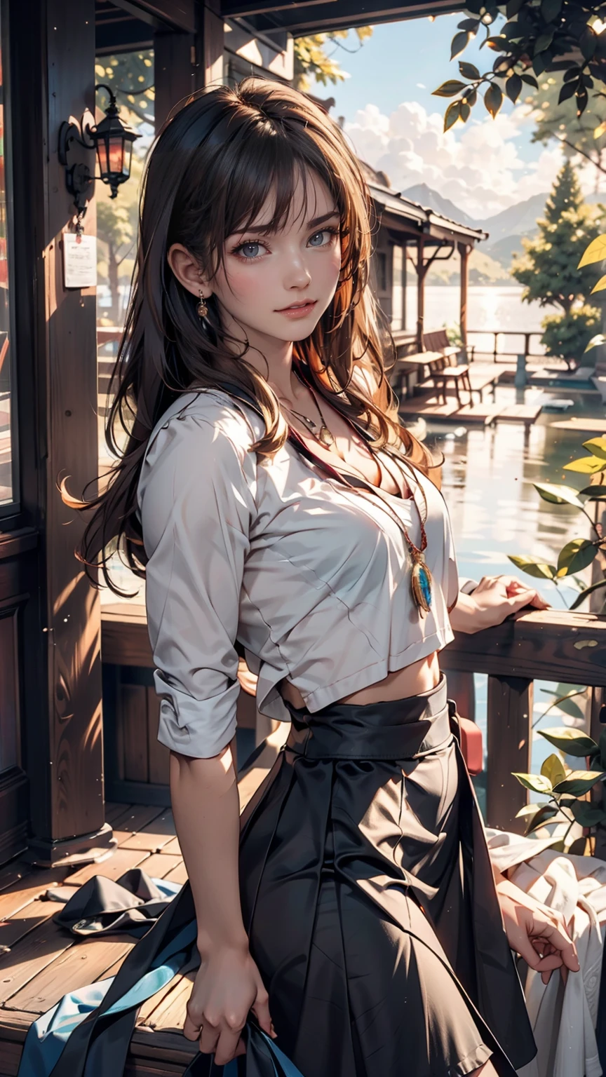 1 girl, Happy expression, Attractive eyes, Straight Long Hair, Flowing skirt, big, Gaze at the sun, Calm posture, Porcelain-like skin, A faint blush, Crystal Pendant BREAK Golden Hour, (Edge lighting): 1.2, Cool colors, Solar flare, Soft Shadows, Bright colors, Paint Effects, Great atmosphere Rest Beautiful lake, Distant Mountain々, pine tree, Summit, reflection, Sunlit clouds, Quiet atmosphere, Idyllic sunrise, Super detailed, Official Art, Unified 8k wallpaper, Tangled, Mandala