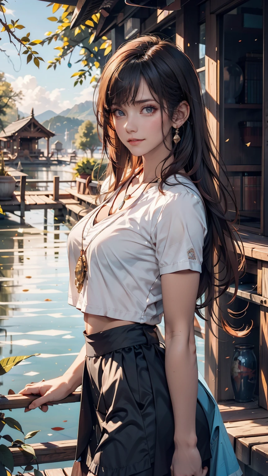 1 girl, Happy expression, Attractive eyes, Straight Long Hair, Flowing skirt, big, Gaze at the sun, Calm posture, Porcelain-like skin, A faint blush, Crystal Pendant BREAK Golden Hour, (Edge lighting): 1.2, Cool colors, Solar flare, Soft Shadows, Bright colors, Paint Effects, Great atmosphere Rest Beautiful lake, Distant Mountain々, pine tree, Summit, reflection, Sunlit clouds, Quiet atmosphere, Idyllic sunrise, Super detailed, Official Art, Unified 8k wallpaper, Tangled, Mandala