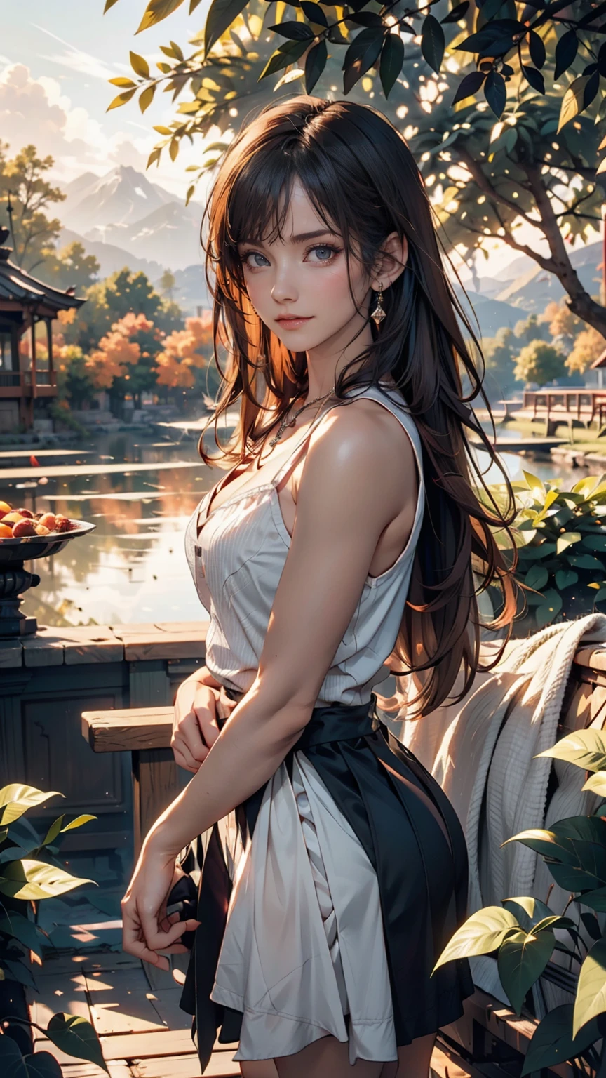 1 girl, Happy expression, Attractive eyes, Straight Long Hair, Flowing skirt, big, Gaze at the sun, Calm posture, Porcelain-like skin, A faint blush, Crystal Pendant BREAK Golden Hour, (Edge lighting): 1.2, Cool colors, Solar flare, Soft Shadows, Bright colors, Paint Effects, Great atmosphere Rest Beautiful lake, Distant Mountain々, pine tree, Summit, reflection, Sunlit clouds, Quiet atmosphere, Idyllic sunrise, Super detailed, Official Art, Unified 8k wallpaper, Tangled, Mandala