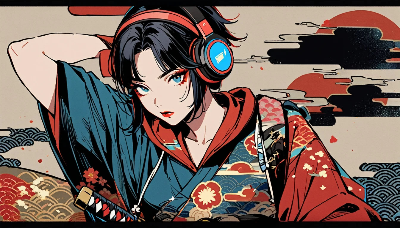 (((1 girl))), (((Flashy makeup))), (((Japanese style headphones))), (((Japanese pattern hoodie))), (((Japanese sword))), (((Female samurai))), Japanese beautiful girl, Black Hair, Delicate and precise, Modern ukiyo-e style, Japanese flag, red and blue neon