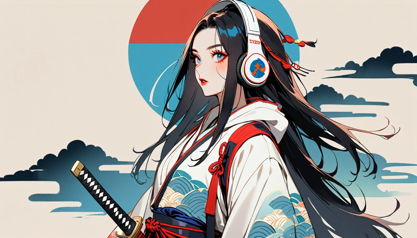 (((1 girl))), (((Flashy makeup))), (((Japanese style headphones))), (((Japanese pattern hoodie))), (((Japanese sword))), (((Female samurai))), Japanese beautiful girl, Black Hair, Delicate and precise, Modern ukiyo-e style, Japanese flag, red and blue neon