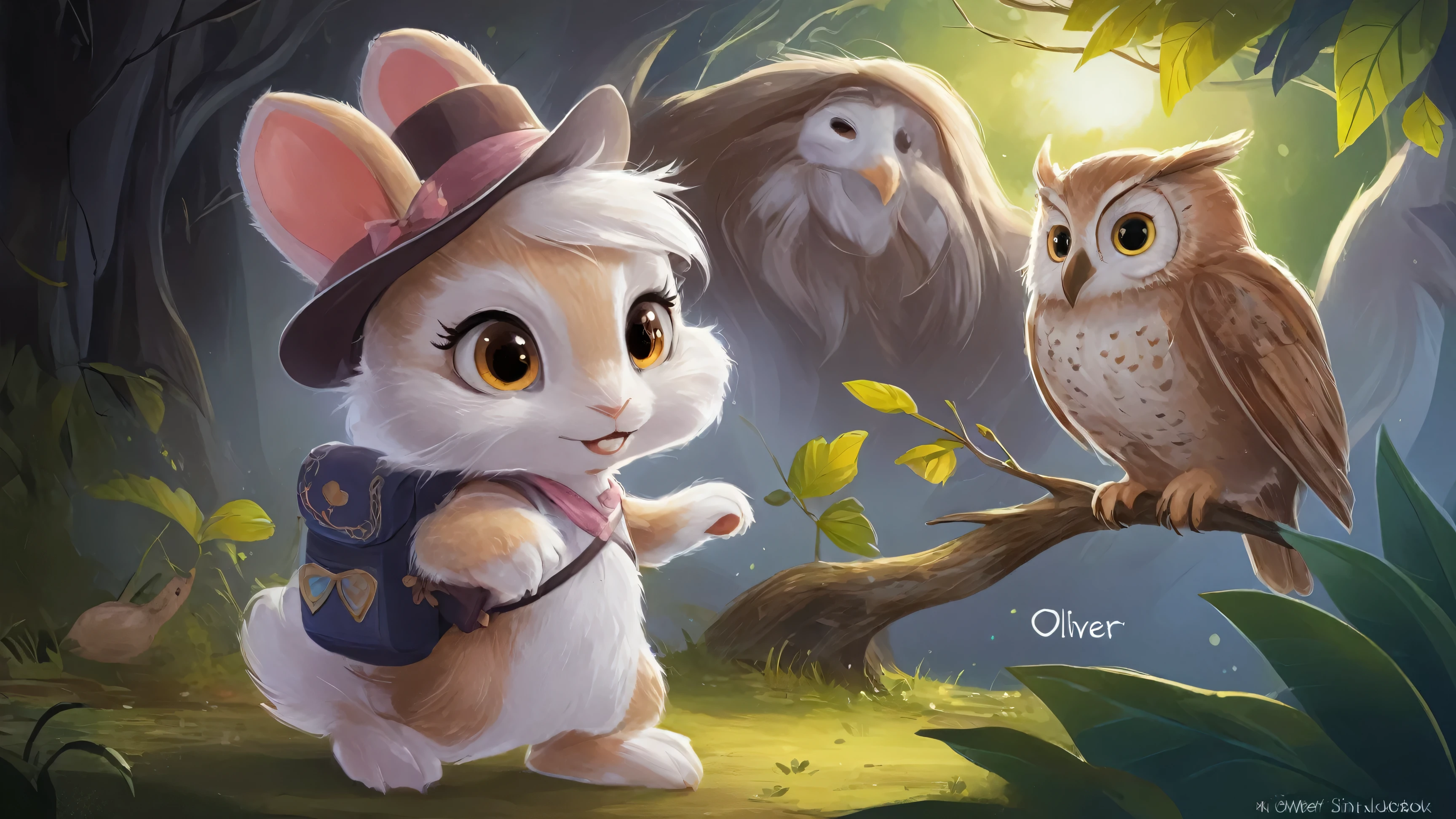 there is a rabbit and an owl standing in the woods, adorable digital painting, story book illustration, cute detailed digital art, cute storybook illustration, childrens art in artstation, storybook illustration, by Oliver Sin, storybook illustation, childrenbook illustration, kids book illustration, rabbt_character, children book illustration, a storybook illustration