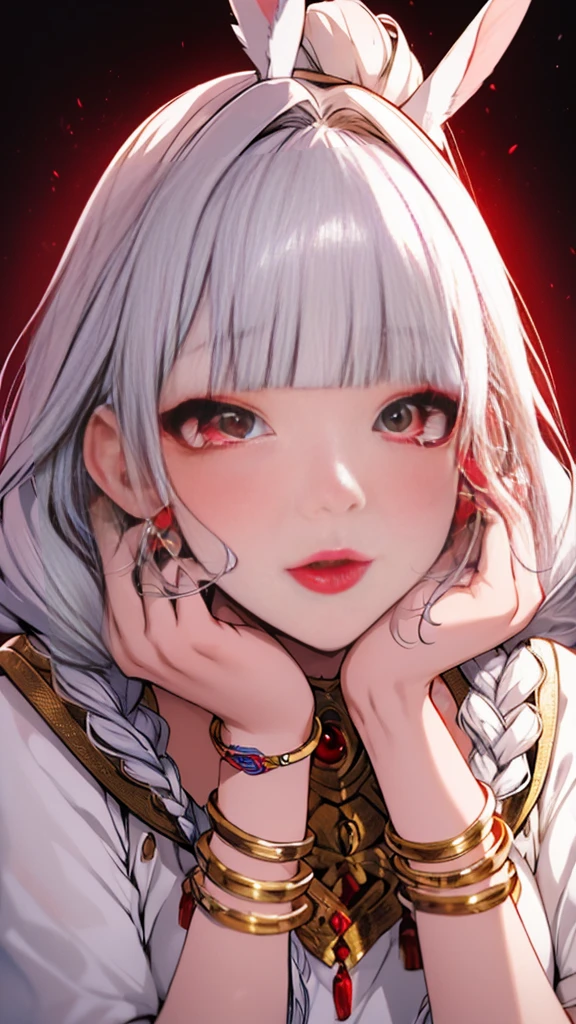 A drawing of a beautifull 29 years old Quennbunnygirlu, very longs hairs, braided hairs, skin color neutral tan,strong,wearing purpulish armor, trending on art station, draw by WLOP and Naoko Takeuchi in manga style, jewelry, white hair, closed mouth, blunt bangs, nail polish, bracelet, lips, grey eyes, portrait, red nails, close-up, red lips, hands on own face, hands on own cheeks,(mature female),(shiny skin),((steaming body))