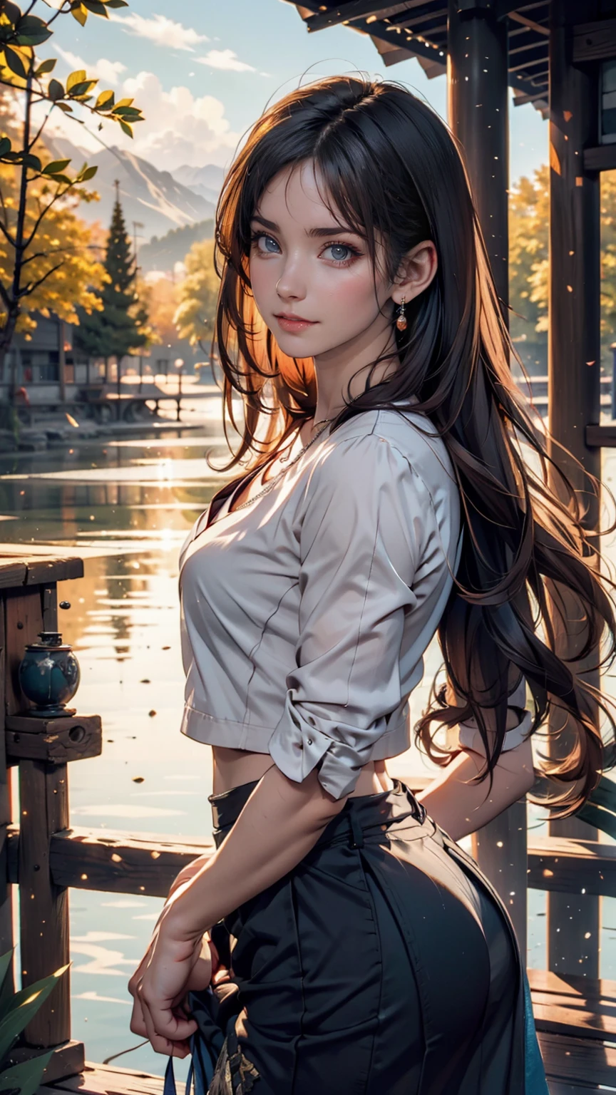 1 girl, Happy expression, Attractive eyes, Straight Long Hair, Flowing skirt, big, Gaze at the sun, Calm posture, Porcelain-like skin, A faint blush, Crystal Pendant BREAK Golden Hour, (Edge lighting): 1.2, Cool colors, Solar flare, Soft Shadows, Bright colors, Paint Effects, Great atmosphere Rest Beautiful lake, Distant Mountain々, pine tree, Summit, reflection, Sunlit clouds, Quiet atmosphere, Idyllic sunrise, Super detailed, Official Art, Unified 8k wallpaper, Tangled, Mandala