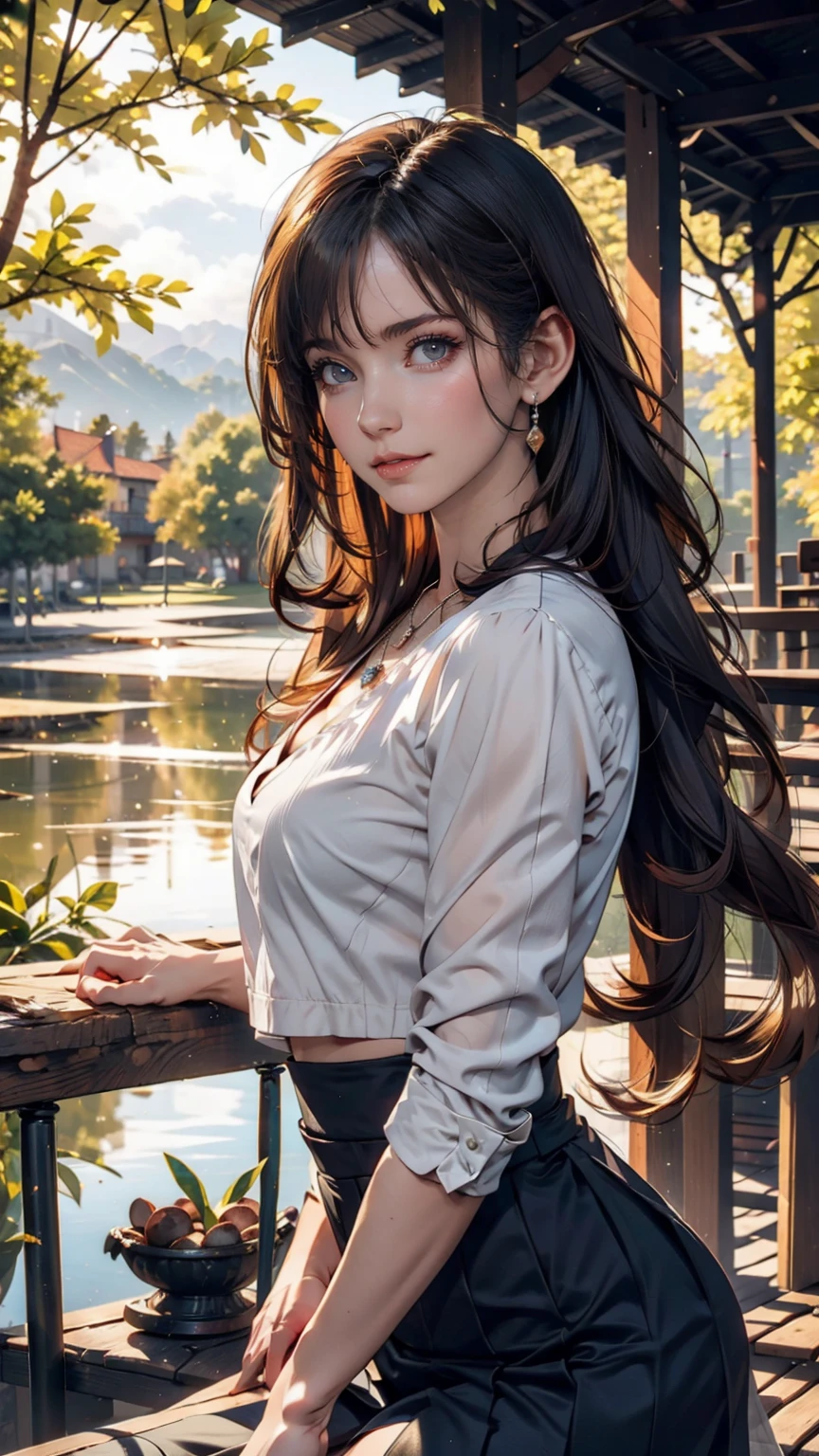 1 girl, Happy expression, Attractive eyes, Straight Long Hair, Flowing skirt, big, Gaze at the sun, Calm posture, Porcelain-like skin, A faint blush, Crystal Pendant BREAK Golden Hour, (Edge lighting): 1.2, Cool colors, Solar flare, Soft Shadows, Bright colors, Paint Effects, Great atmosphere Rest Beautiful lake, Distant Mountain々, pine tree, Summit, reflection, Sunlit clouds, Quiet atmosphere, Idyllic sunrise, Super detailed, Official Art, Unified 8k wallpaper, Tangled, Mandala