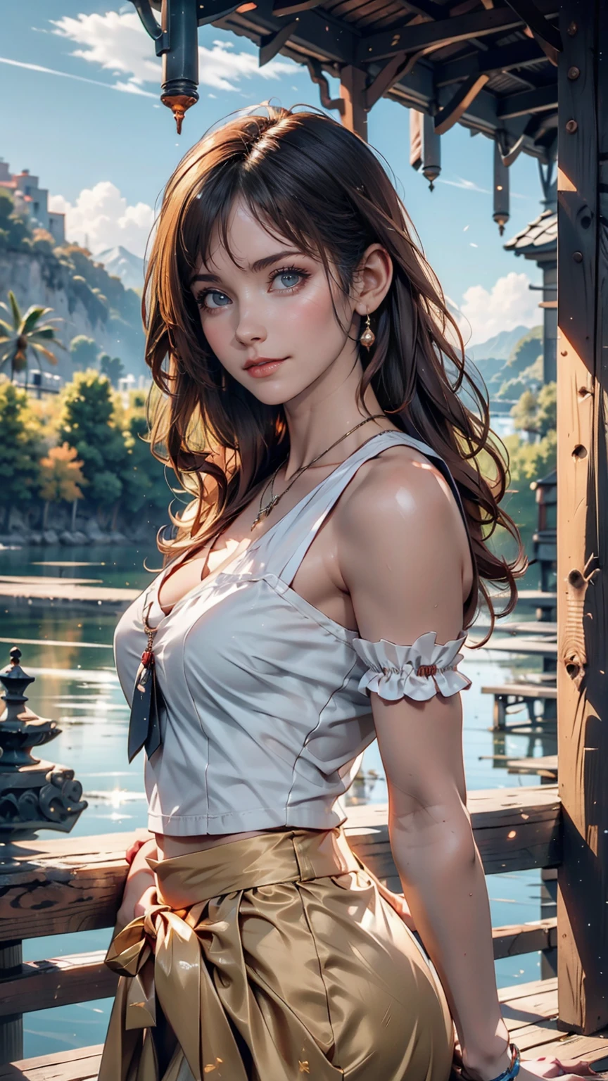 ((Super detailed, masterpiece, Highest quality)) FF7 Aerith,whole body,One person, Single Blade, Green Eyes, Brown Hair,alone,Sunset riverside