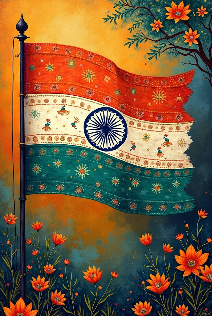 Make me a Ai image of Madhubani art of Indian flag aesthetic