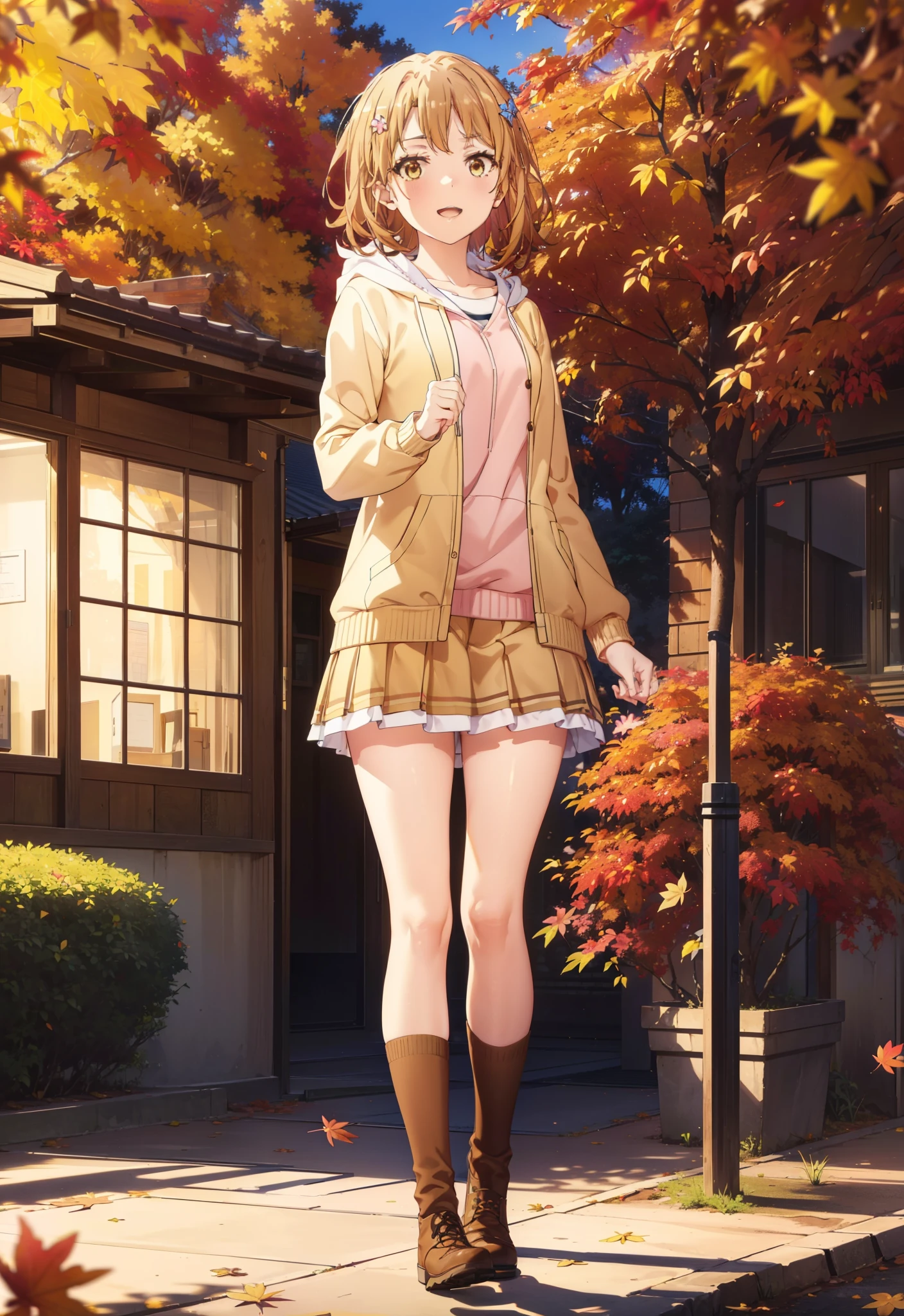 Irohaisshiki, isshiki iroha, short hair, Brown Hair, (Brown eyes:1.5), happy smile, smile, Open your mouth,Pink oversized hoodie,mini skirt,Black knee socks,short boots,Flower Hair Ornaments,autumn leaves,autumn leavesが散っている,Walking,moonlight,night,whole bodyがイラストに入るように、
break outdoors, garden,
break looking at viewer,whole body,
break (masterpiece:1.2), Highest quality, High resolution, unity 8k wallpaper, (figure:0.8), (Beautiful attention to detail:1.6), Highly detailed face, Perfect lighting, Highly detailed CG, (Perfect hands, Perfect Anatomy),