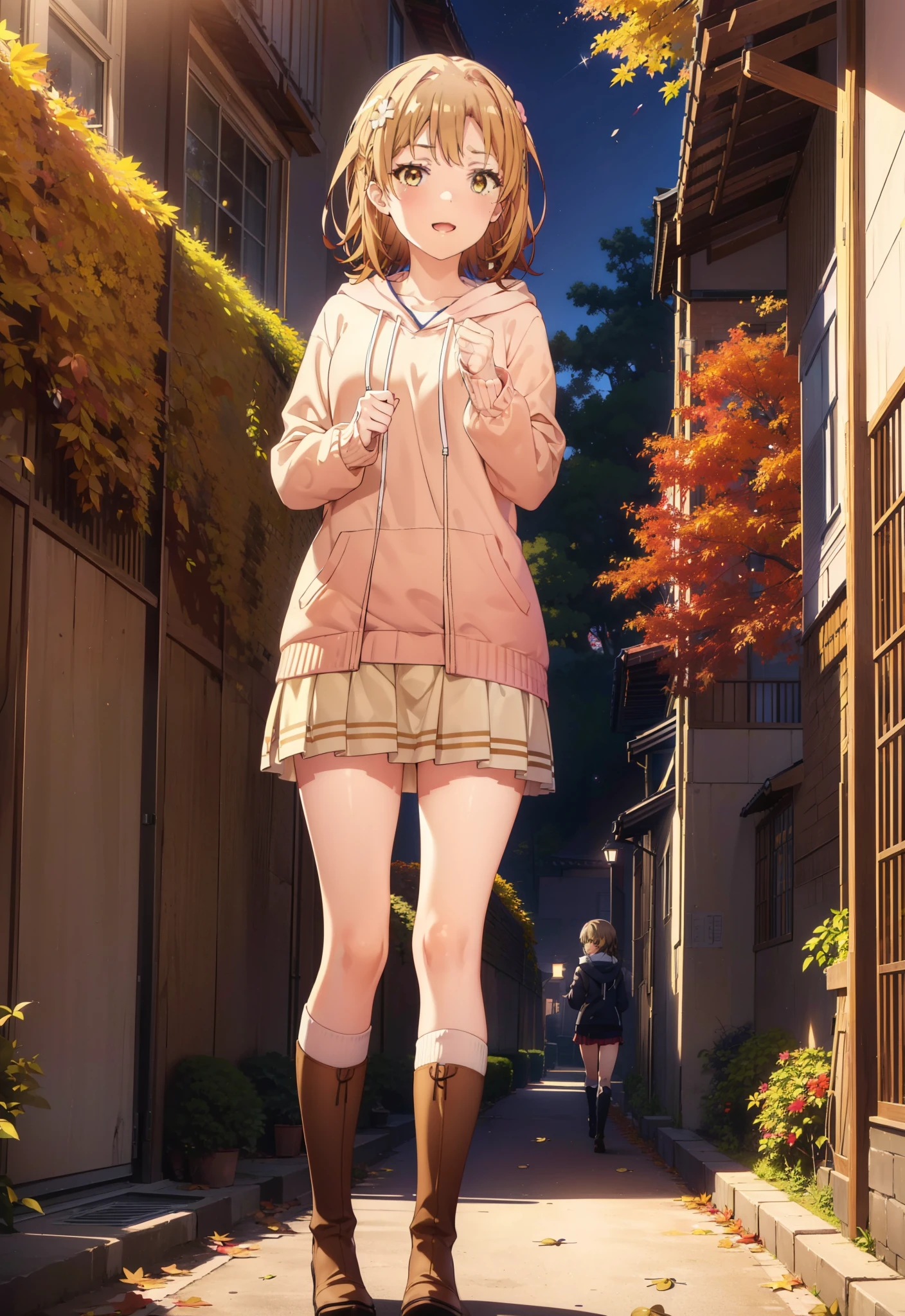 Irohaisshiki, isshiki iroha, short hair, Brown Hair, (Brown eyes:1.5), happy smile, smile, Open your mouth,Pink oversized hoodie,mini skirt,Black knee socks,short boots,Flower Hair Ornaments,autumn leaves,autumn leavesが散っている,Walking,moonlight,night,whole bodyがイラストに入るように、
break outdoors, garden,
break looking at viewer,whole body,
break (masterpiece:1.2), Highest quality, High resolution, unity 8k wallpaper, (figure:0.8), (Beautiful attention to detail:1.6), Highly detailed face, Perfect lighting, Highly detailed CG, (Perfect hands, Perfect Anatomy),