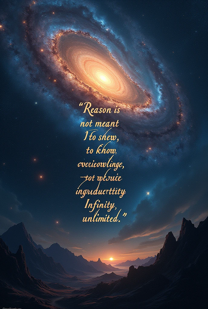 Make a picture of the universe as a background and have writing in the middle. "Reason is not meant to know everything, but to acknowledge who has everything, Dia Symetry (perfect), Singularity (That), Infinity (unlimited)"