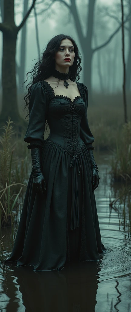 19 century setting, drama, stuck in bog,detailed short high-neck closed dress:1.2, aristocratic cut, stockings with garters, red lips, goth, aristocratic behaviour
