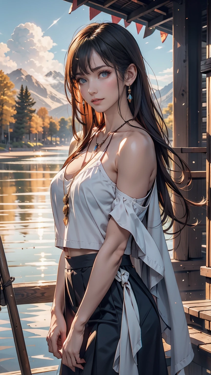 1 girl, Happy expression, Attractive eyes, Straight Long Hair, Flowing skirt, big, Gaze at the sun, Calm posture, Porcelain-like skin, A faint blush, Crystal Pendant BREAK Golden Hour, (Edge lighting): 1.2, Cool colors, Solar flare, Soft Shadows, Bright colors, Paint Effects, Great atmosphere Rest Beautiful lake, Distant Mountain々, pine tree, Summit, reflection, Sunlit clouds, Quiet atmosphere, Idyllic sunrise, Super detailed, Official Art, Unified 8k wallpaper, Tangled, Mandala