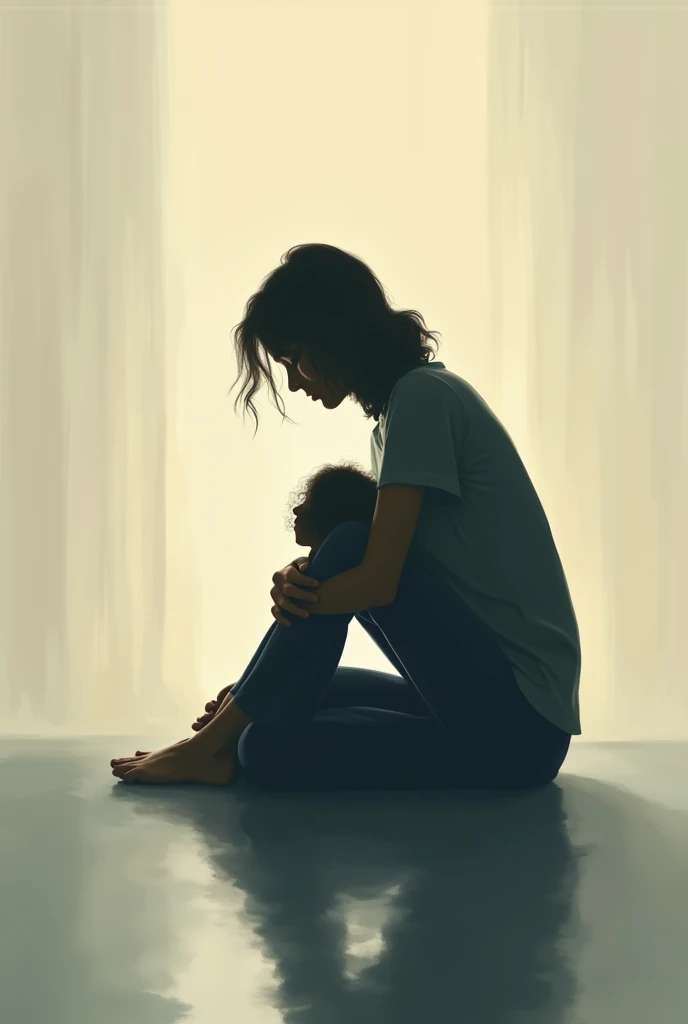 A silent, reflective image showing the silhouette of a woman sitting on the floor, with your knees drawn up to your chest. Within your shadow, there is the smaller silhouette of a child, female sitting in the same posture, hugging the legs. The scene is minimalist, focusing on the interaction between the two figures, highlighting the theme of the inner child. The background is soft and muted., using subtle contrasts of light and dark to evoke a sense of introspection, healing and the deep connection between a woman&#39;s present self and her inner child.