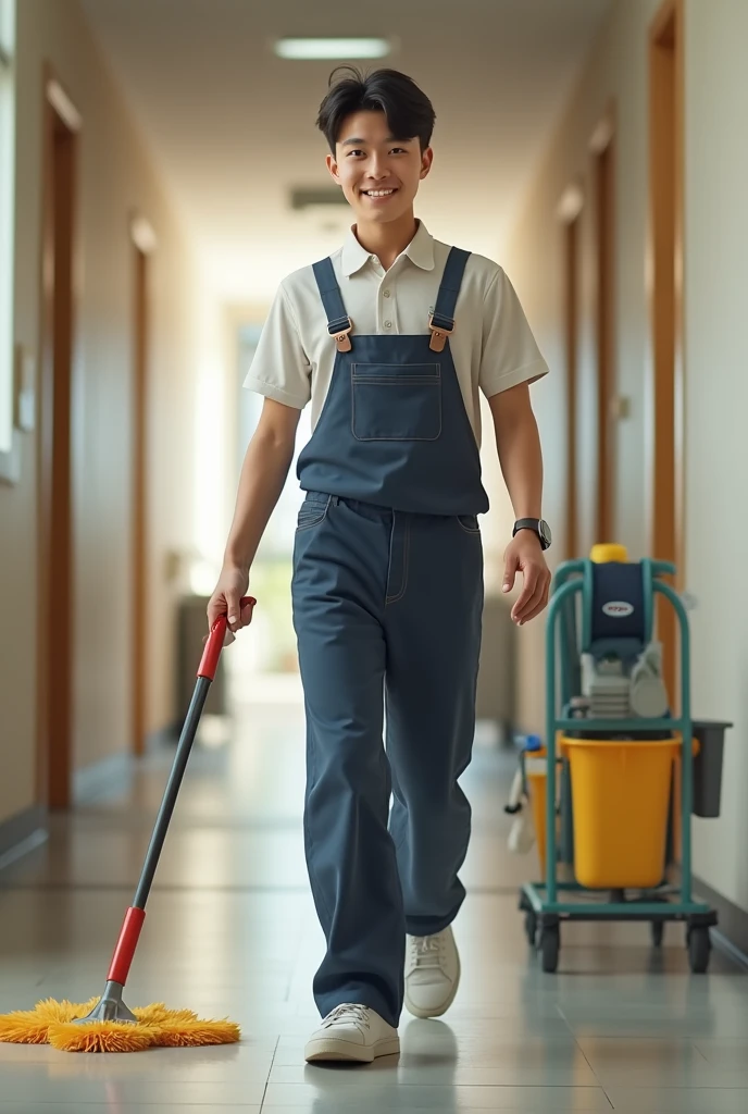 The cleaning staff is a refreshing young man with a plain background.