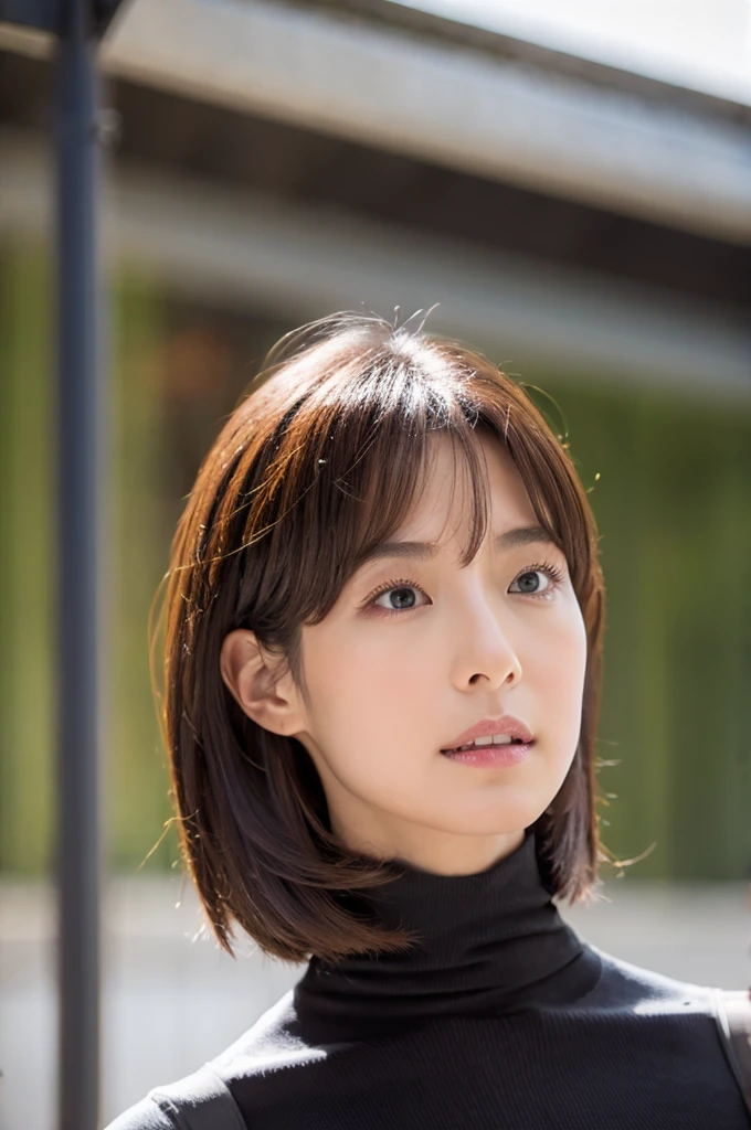 ((top-quality, in 8K, masterpiece:1.3)), Beautiful Japanese woman, perfect body:1.4, Slim abs:1.2, ((Medium Hair, straight haired:1.2)), (turtle neck:1.1), (a street:1.2), wetbody:1.5, Three-dimensional texture, A detailed eye, Brown hair, very thin waist, posterior view