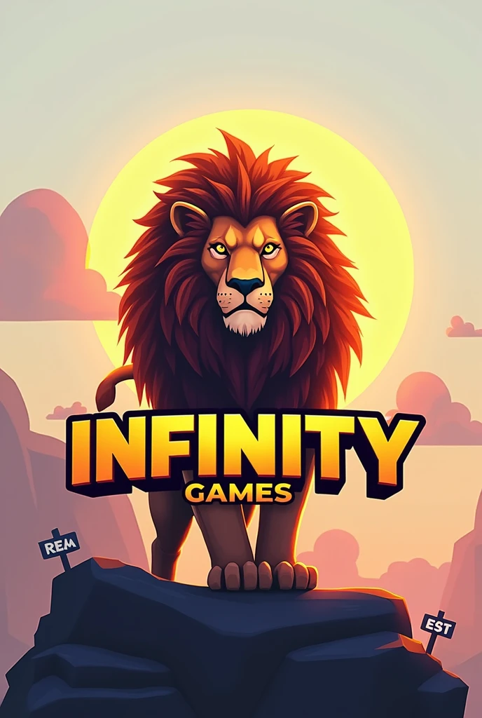 Create a roblox company logo with a phrase in yellow written infinitygames in the image with a lion in the background