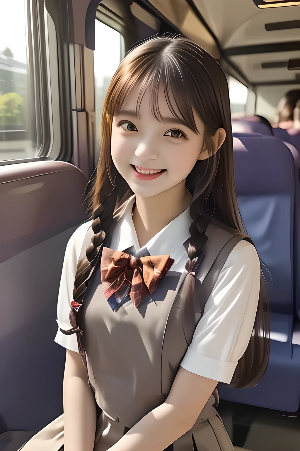 (highest quality, masterpiece, high resolution:1.2), 4K, (Photo quality detailed cute face: 1.4), (Giorgione painting style: 0.8), geometry, (14 yo cute girly  quarter-French-Japanese girls are seated and looking ME up on train seats both left and right side: 1.4), (The train is full of bodies of succubus with sailor-school-uniform: 1.4), Laughing cutely, (neat girly white short-sleeves school blouse: 1.0), (puffed short sleeves: 1.0), (Dark red glossy school ribbon on the breast: 1.0), (Gray Japanese school girly vest Uniform: 1.2), (Box-pleated gray short school skirt: 1.2), (Extremely laughing cheeks: 1.0), (Beautiful light-amber cute-dolly large clear eyes with detailed cutely: 1.6), (Long bottom eyelashes: 1.2), (Expressing the greatest joy with her whole body: 1.2), (Glossy lips: 1.0), (Super-straight super-long hair: 1.5), (white and clear skin: 1.0), (Promoting Shampoo: 1.2), (Strong yearning: 1.2)