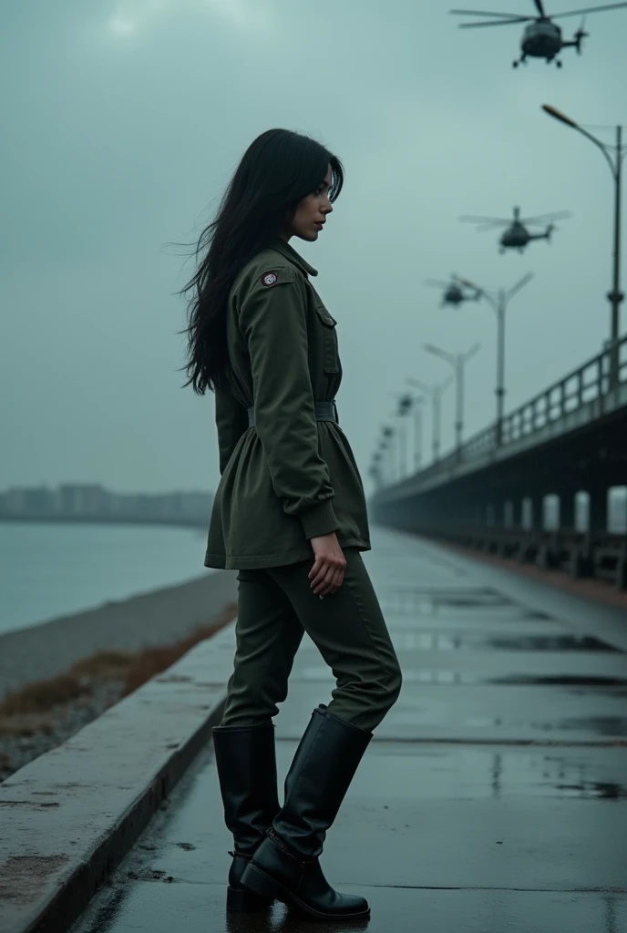 A 30-year-old woman with long black hair wearing military uniform.,Boots， trousers，high-heel boots，full-body shot，side，War Background，seaside，Iron bridge, Helicopters，Dark clouds sky，Science Fiction, dark的心情, full-body shot片，War atmosphere，Excellent detail，full-body shot片，Film Style，Soviet era，dark，Depressing atmosphere，In the wind and rain