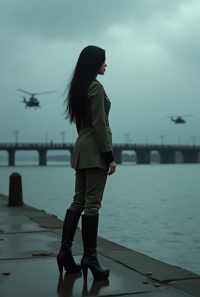A 30-year-old woman with long black hair wearing military uniform.,Boots， trousers，high-heel boots，full-body shot，side，War Background，seaside，Iron bridge, Helicopters，Dark clouds sky，Science Fiction, dark的心情, full-body shot片，War atmosphere，Excellent detail，full-body shot片，Film Style，Soviet era，dark，Depressing atmosphere，In the wind and rain