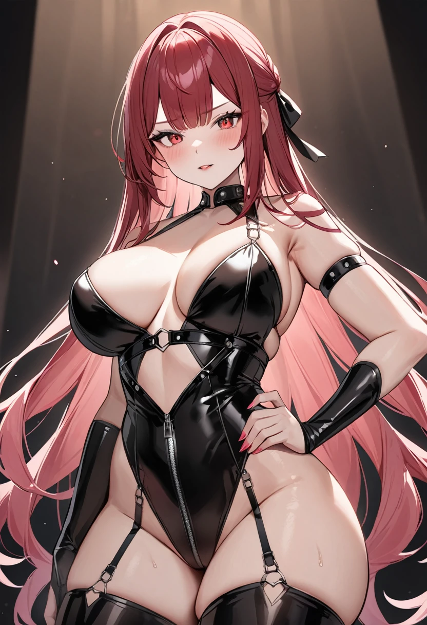 (masterpiece, top quality, very aesthetic, 4k、illustration), intricate detail, 1woman,solo,contrapposto 、Strong glowing eyes、,(upper body)、 sleepy、(bdsm、Erotic),beautiful face、(fluorescence pink gradient hair)、multicolored hair,hair ribbon,middle hair,sidelock ,red eyes、SM Queen、dominatrix、medium breasts、curvy 、