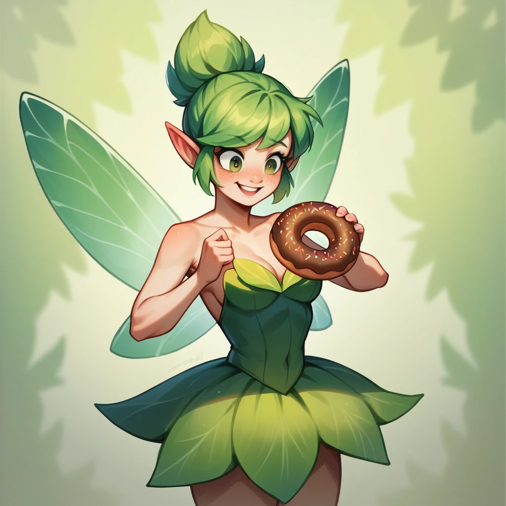 A masterpiece, top quality, highly detailed, extremely detailed, ultra-realistic, humorous, subtle anime style illustration. Fairyland, cinematic lighting, a donut shop run by fairies, Tinkerbell the fairy eating a giant donut, she is a character from "Peter Pan".