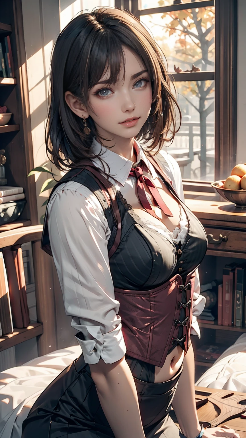girl, Gray-haired, Short-haired, Yellow-eyed, Small breasts, Cat hair accessories, Side Lock, Gray-haired, Shiny Hair, uniform, (Golden Eyes: 1.2), (Skirt has two long triangular extensions, abdominal vest corset), White buttons on the best corset, (A short-sleeved striped shirt under a vest corset), (The cuffs are close to the arms), (Thick black ribbon around neck), ( short magenta skirt),