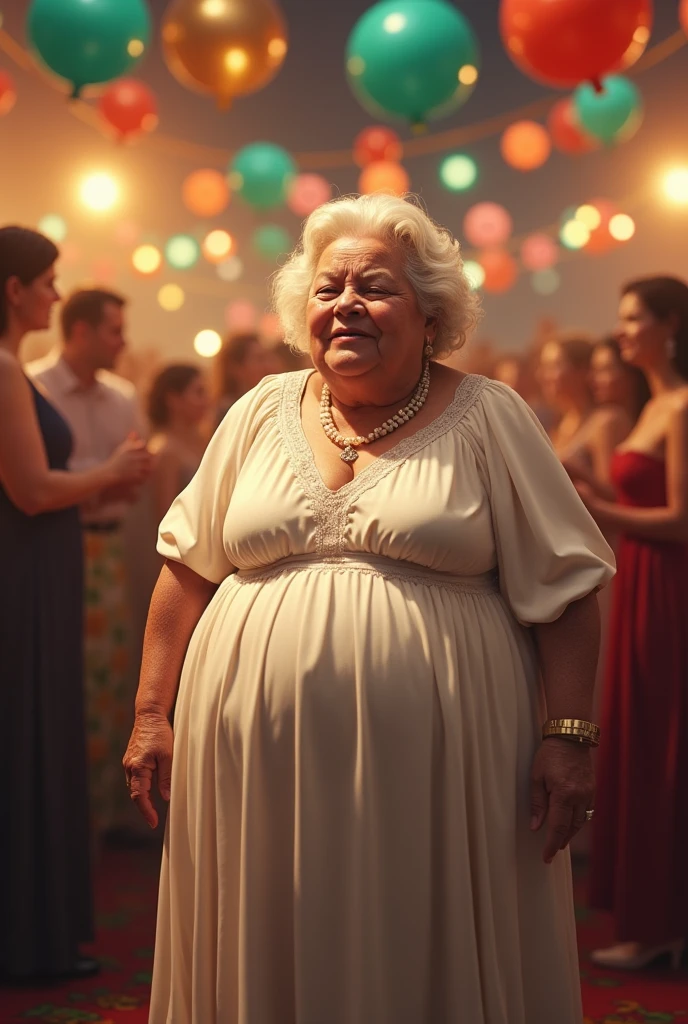 Old women, western dress, white dress, curvy body, letting out fart, fart, massive fart, one eye closed. Party