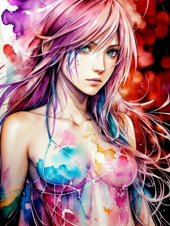 (((Agnes Cecile:1.3, watercolor))), breathtaking beauty, precise lineart, glowing design, ink drops, Final Fantasy XIII Character Lightning (Claire Farron), centered, key visual, intricate, highly detailed, breathtaking beauty, precise lineart:1.1, vibrant, comprehensive cinematic, ((Carne Griffiths, Conrad Roset)), autumn lights, (the most beautiful portrait in the world:1.5)