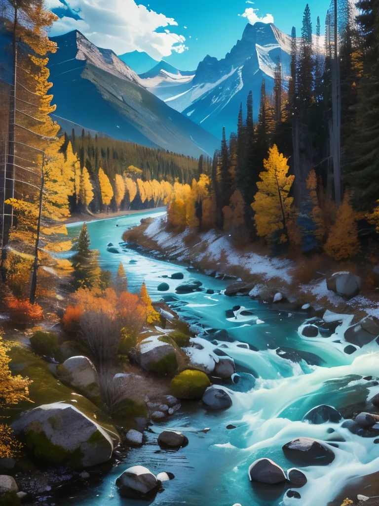 there is a river running through a forest with a mountain in the background, a photo by Jim Murray, flickr, fine art, wyoming, rocky mountains and a river, colorado mountains, mountains river trees, colorado, mountains and rivers, gorgeous scenery, scenic mountain setting, breath taking beautiful, beautiful setting, creek, stunning scenery, rocky mountains, river running thru the middle