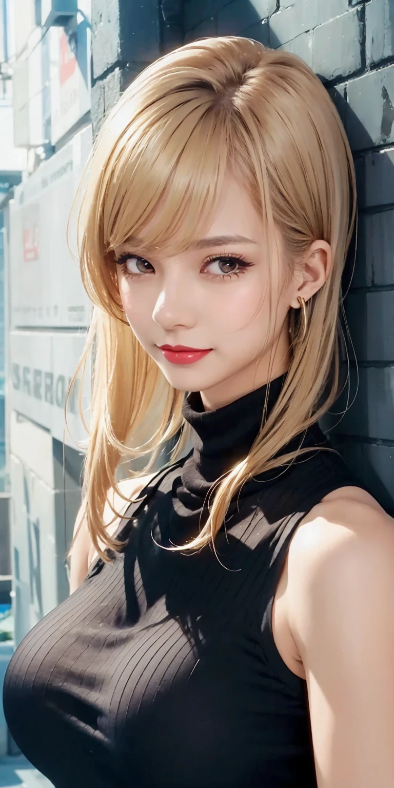 1girl, 独奏, long_hair, breasts, looking_at_viewer, bangs, brown_hair, black_hair, brown_eyes, medium_breasts, just_shoulders, jewelry, closed_mouth, ponytail, upper_body, earrings, sleeveless, indoors, sweater, lips, makeup, sleeveless_shirt, turtleneck, lipstick, high_ponytail, hoop_earrings, nose, photo_(medium), red_lips, sleeveless_turtleneck, ribbed_Open the shirt a little, tears, Smiling with teeth showing, masterpiece, Anatomically correct, High detail, Very detailed,