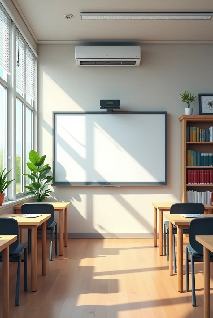 I want a classroom with a whiteboard, air conditioning, windows with blinds, with TV and bookcase.