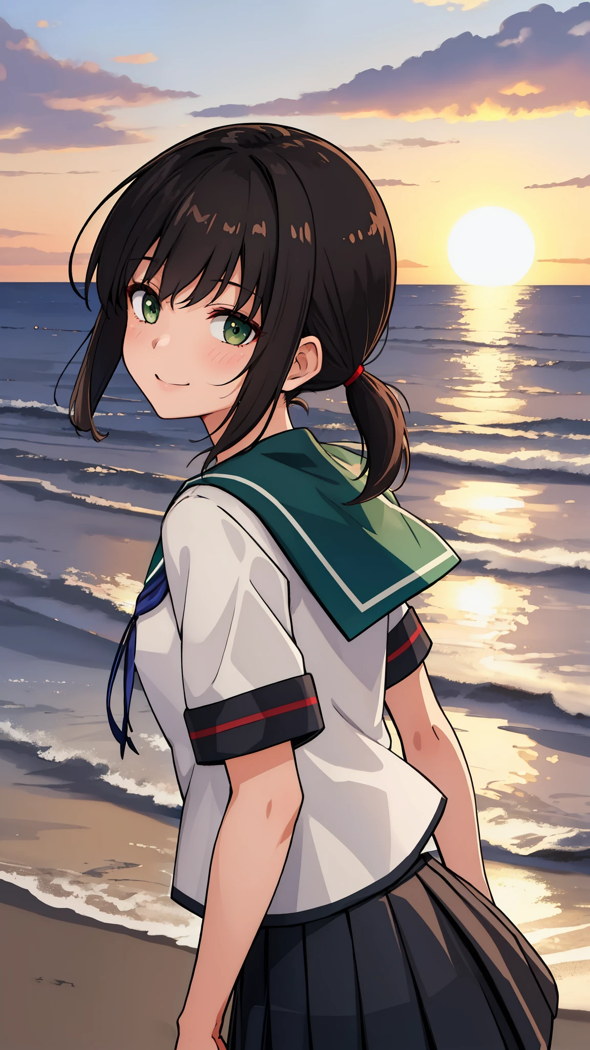 (masterpiece, best quality:1.2),illustration,8k,HD,Seaside,Sunset sky,1girl,solo,upper body,(portrait:1.2),black_hair,short_ponytail,white seraph,sidelocks,low_ponytail,green_eyes,smile,black_eyes,school_uniform,pleated_skirt,skirt,