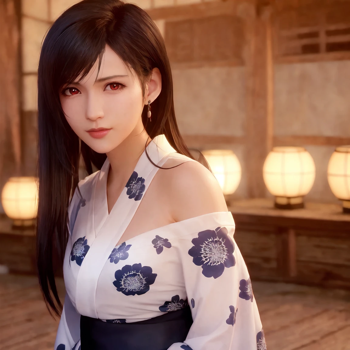 tifa lockhart,red_eyes,black hair,long hair,earrings, jewelry,((female)),Solo,(20yo:1.3),(japanese,cool beauty:1.2),(photo realistic,perfect anatomy:1.3),(hyper detailed, masterpiece:1.2), best quality,RAW photo, exquisite, beautiful ,From Behind,((Cowboy Shot)),sharp focus, depth of field ,blur background, bokeh ,Lens Flare, Ray tracing,Cinematic lighting,(detailed face),((yukata)),folded fan,Looking Over Shoulder,Half Smile,black hair,shrine