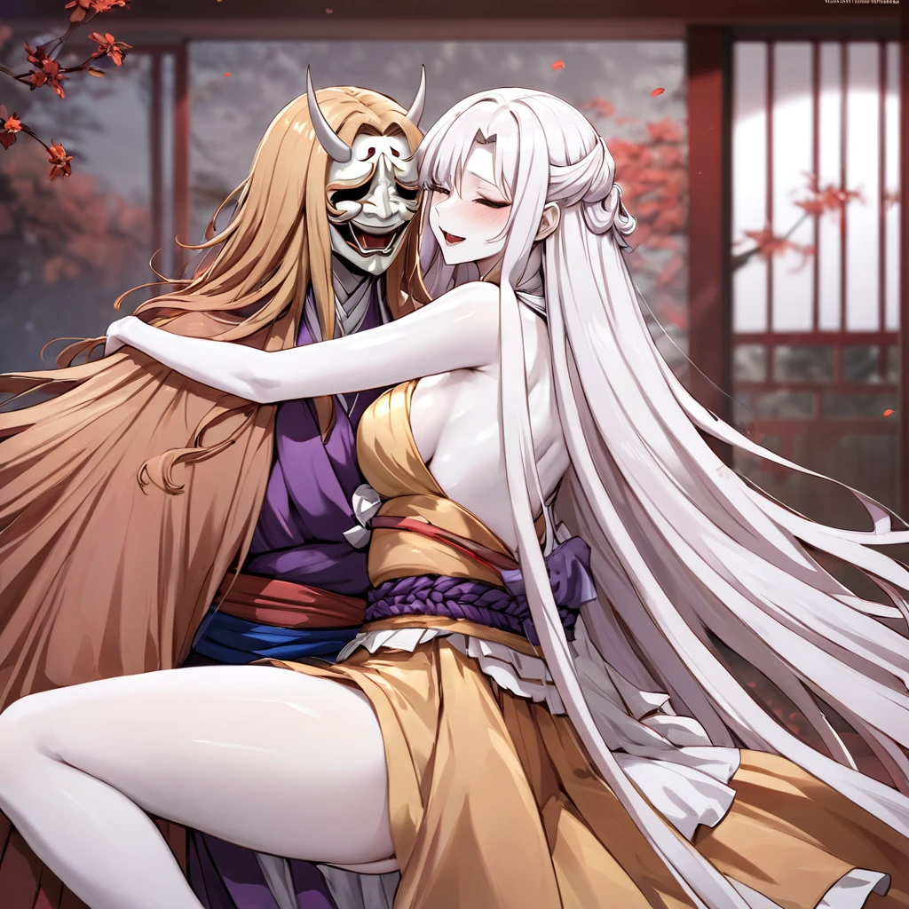 ((Highest quality)), ((masterpiece)), (detailed), （Perfect Face）、The woman in the Hannya costume is Yuuki Asuna, with light brown, semi-long hair and a Hannya mask covering her entire face, and her whole body is pure white skin.、The woman is in the state of Hannya in both body and mind, and her face is completely Hannya.、The woman is wearing a sexy, alluring, and provocative outfit, adorned with accessories.、The woman is embracing, kissing and having sex with the leader of the Prajna Party.、The woman became the wife of the leader of the Prajna Party and the couple became a loving couple.