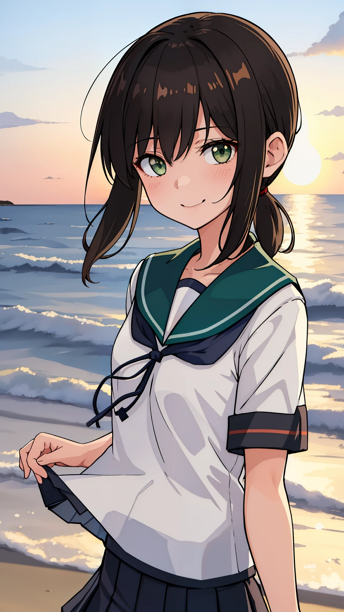 (masterpiece, best quality:1.2),illustration,8k,HD,Seaside,Sunset sky,1girl,solo,upper body,(portrait:1.2),black_hair,short_ponytail,white seraph,sidelocks,low_ponytail,green_eyes,smile,black_eyes,school_uniform,pleated_skirt,skirt,