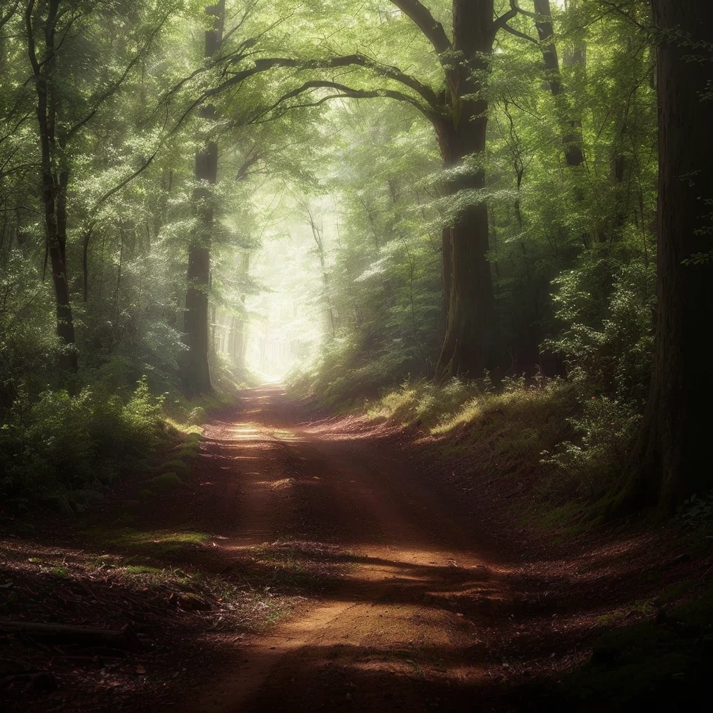 There is a dirt road,Surrounded by trees and bushes, Forest Light, Forest trail, Enchanted Forest backround, on Forest trail, Forest ray lights, A beautiful path in the forest, Enchanted Forest摄影, Magic clear, Enchanted Forest, Beautiful forest, Mysterious forest, really Beautiful forest, in the Enchanted Forest, in a Enchanted Forest, With ethereal light