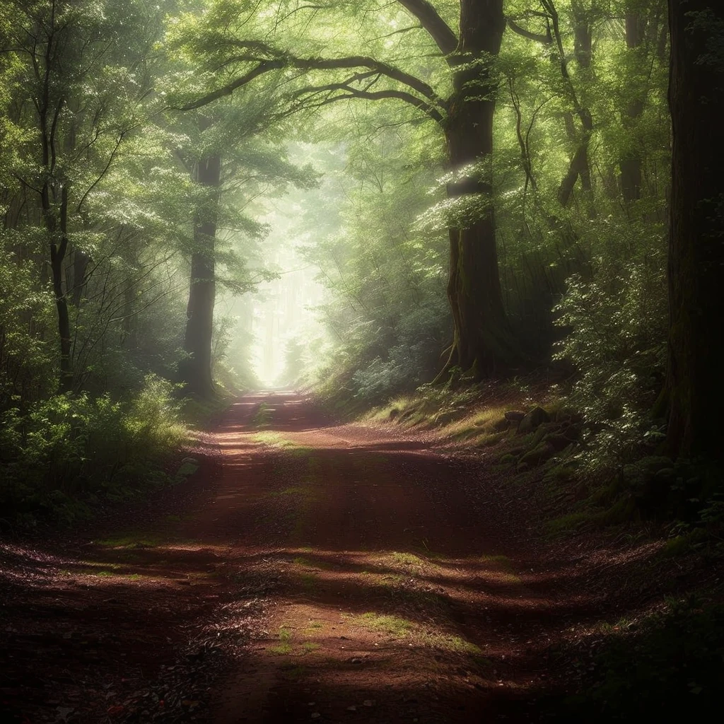 There is a dirt road,Surrounded by trees and bushes, Forest Light, Forest trail, Enchanted Forest backround, on Forest trail, Forest ray lights, A beautiful path in the forest, Enchanted Forest摄影, Magic clear, Enchanted Forest, Beautiful forest, Mysterious forest, really Beautiful forest, in the Enchanted Forest, in a Enchanted Forest, With ethereal light