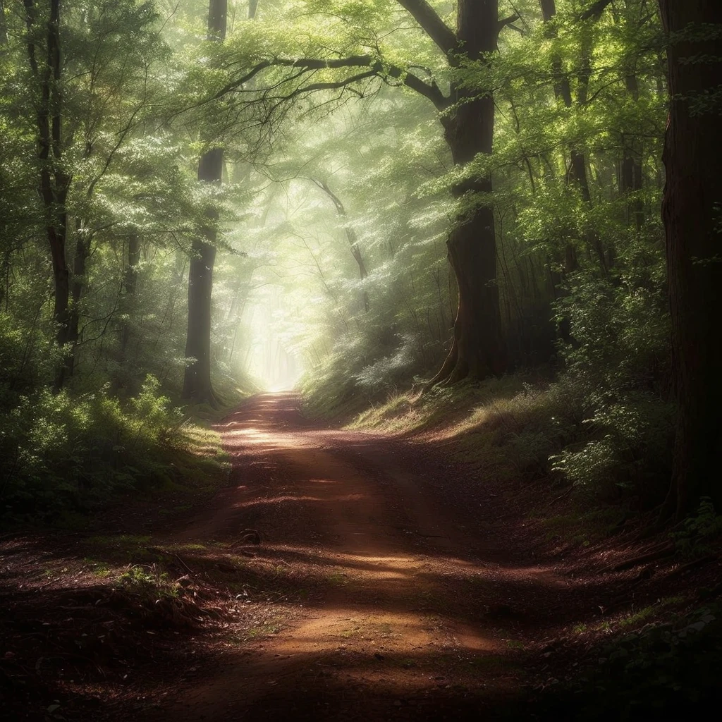 There is a dirt road,Surrounded by trees and bushes, Forest Light, Forest trail, Enchanted Forest backround, on Forest trail, Forest ray lights, A beautiful path in the forest, Enchanted Forest摄影, Magic clear, Enchanted Forest, Beautiful forest, Mysterious forest, really Beautiful forest, in the Enchanted Forest, in a Enchanted Forest, With ethereal light