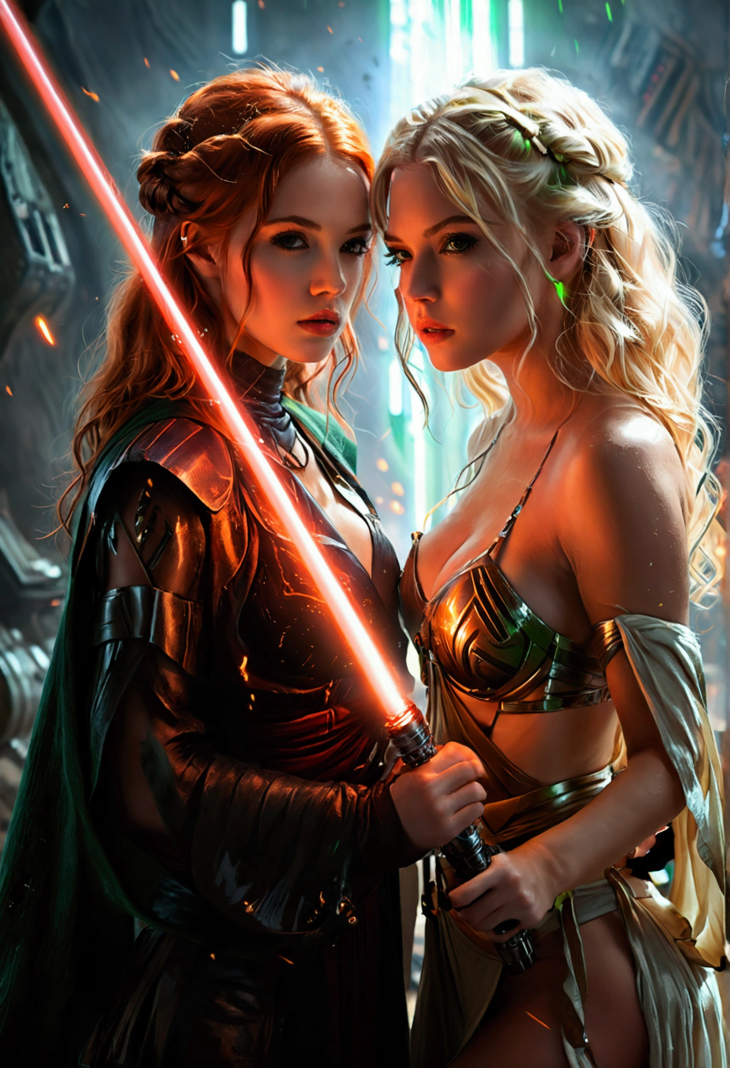 (full body shot:1) photorealistic image of two (standing pose:1) women, ultrarealistic, photography, one with long red hair, (woman, 24 years old, hourglass figure, perfect body, seductive look, natural medium breasts, blur background, in complete darkness, she is wearing a sith robe, she is holding a red lightsaber), the lightsaber is the only lightsource, on a dark destroyed spacestation, explosion in the background, long sexy legs, the other girl has platinum blonde long hair, (30 years old, curvy figure, she is wearing a jedi robe, green lightsaber, natural big breasts), the two girls are crossing their lightsabers in a battle, sparks are flying, dynamic shot, action shot