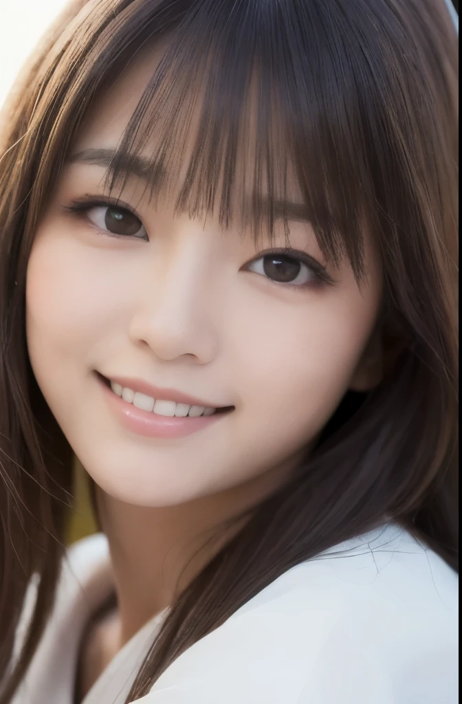 best quality, face focus, soft light, ultra high res, (photorealistic:1.4), RAW photo,(Shinozaki Ai), white skin, kawaii, 1 Japanese girl, solo, cute, (smile), (pupil, lights in the eyes),  detailed beautiful face, Medium-sized breasts,(high resolution detail of human skin texture),(long hair),(portrait), upper body, white traditional kimono