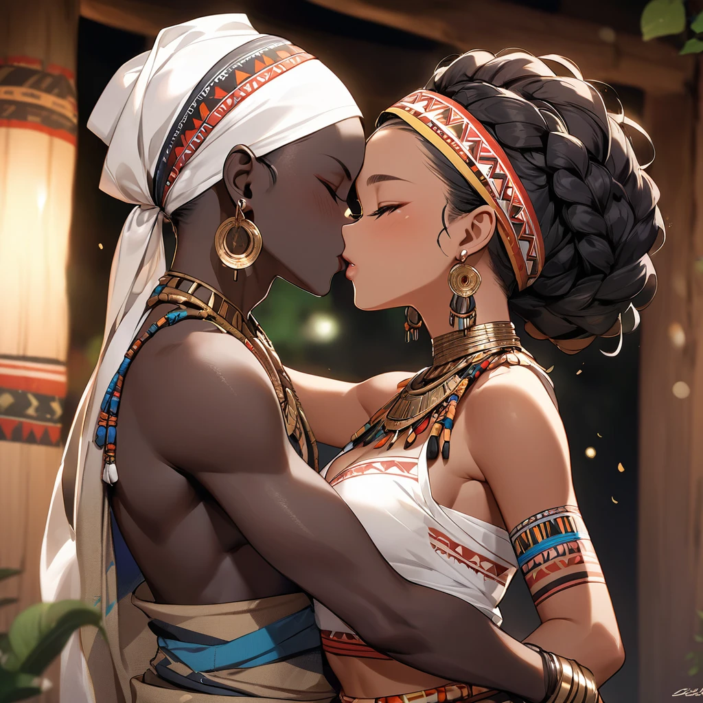 ((Highest quality)), ((masterpiece)), (detailed), （Perfect Face）、The woman is wearing the tribe's bridal attire, embracing the tribal man tightly, sharing a deep kiss, expressing their love for each other, and celebrating their wedding.、The woman has bright black skin、（Ghana braids with strong curly hair slicked back）、Black, dark skinned, African native tribal woman、The amount of hair is small、Black Hair、Very short curly hair、Ghana braid hair, finely and delicately braided into Ghana braids and slicked back、Her hair is braided and thin, and she wears a tribal headdress and a tribal headscarf.、African black woman beautifully dressed in tribal clothing, tribal earrings and tribal accessories, wearing tribal makeup、A beautiful tribal woman with tattoos all over her body、Women in tribal village night rituals、The woman&#39;s hair is dyed black by the other women in the village and styled like an African woman&#39;s.