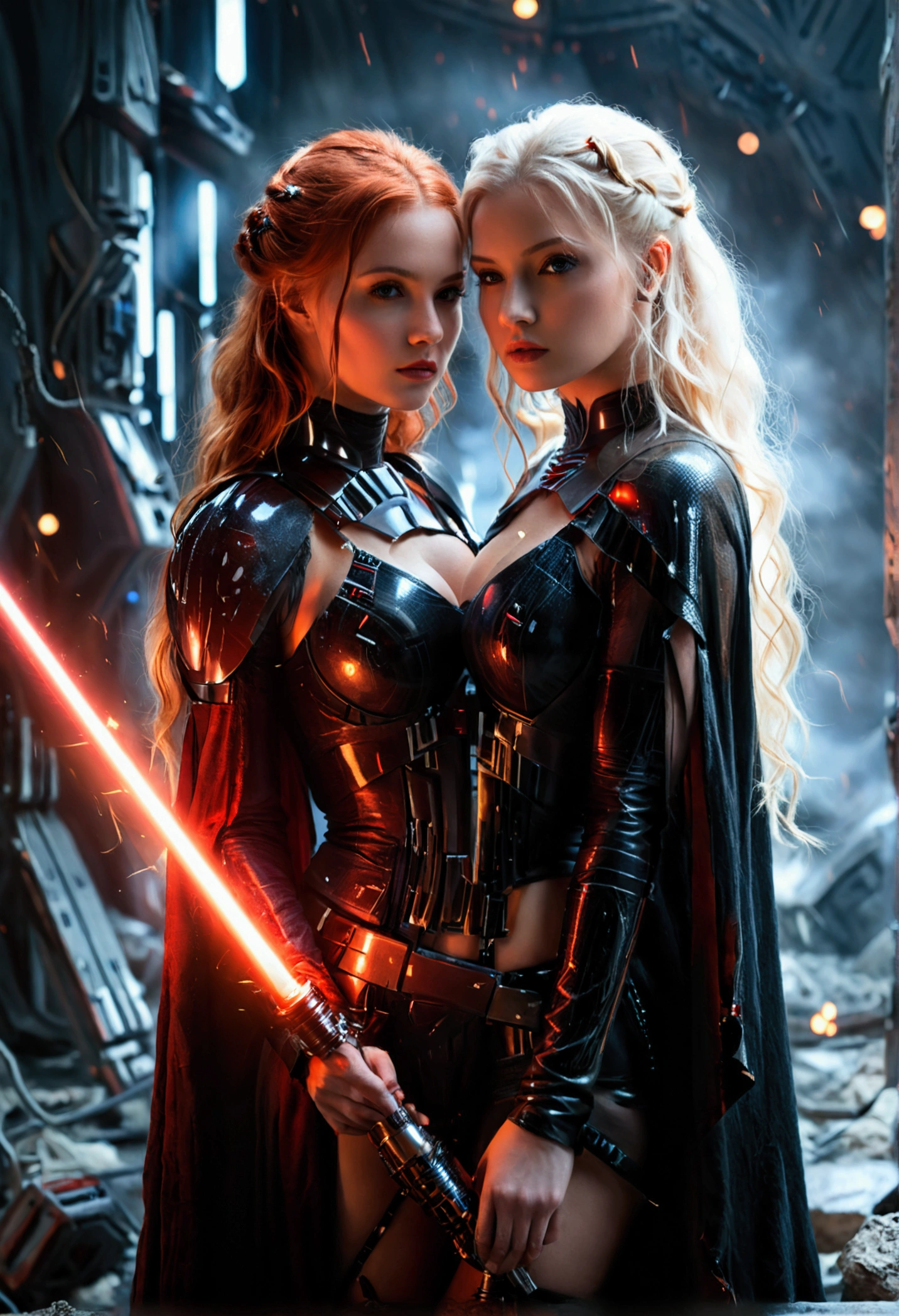 (full body shot:1) photorealistic image of two (standing pose:1) women, ultrarealistic, photography, one with long red hair, woman, 24 years old, hourglass figure, perfect body, seductive look, natural medium breasts, blur background, in complete darkness, she is wearing a sith robe, she is holding a red lightsaber, the lightsaber is the only lightsource, on a dark destroyed spacestation, explosion in the background, long sexy legs, the other girl has platinum blonde long hair, 30 years old, curvy figure, she is wearing a sith robe and is holding a red lightsaber, natural big breasts, side view, dynamic shot, action shot