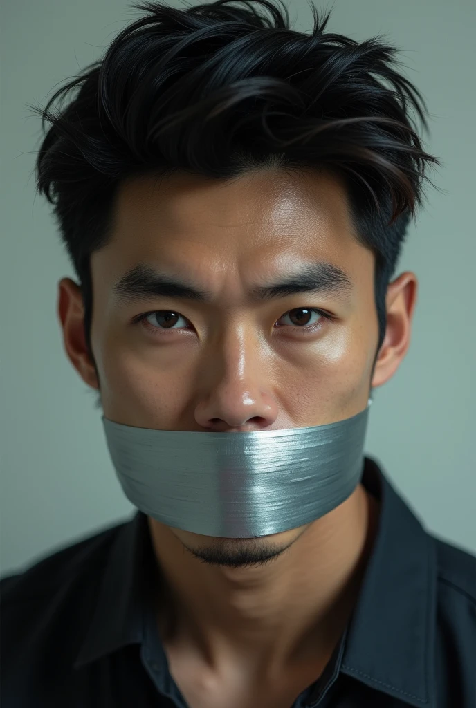 Handsome Japanese man with his mouth covered with duct tape