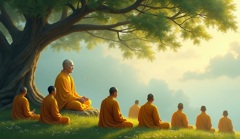 image depicted of many monks sitting on the grass with a buddha sitting in the corner of a bodhi tree, buddha, buddhism, on the path to enlightenment, wise old indian guru, on the path leading to enlightenment, Buddhist stages of meditation, 2nd century monk, reincarnation, inspired by Bapu, karma, enlightenment, loving wisdom, yellow robe, clear and true