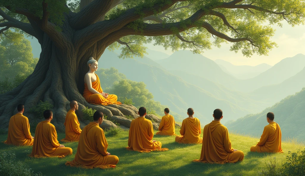 image depicted of many monks sitting on the grass with a buddha sitting in the corner of a bodhi tree, buddha, buddhism, on the path to enlightenment, wise old indian guru, on the path leading to enlightenment, Buddhist stages of meditation, 2nd century monk, reincarnation, inspired by Bapu, karma, enlightenment, loving wisdom, yellow robe, clear and true