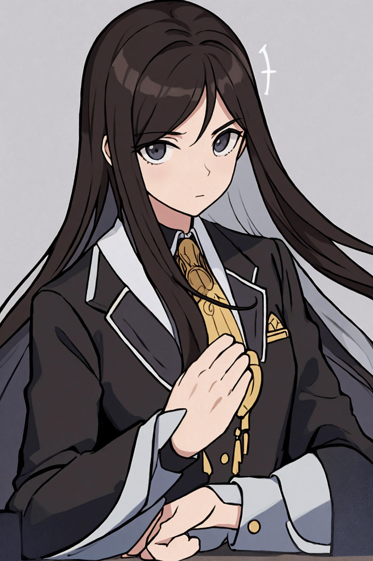 Have long brown hair and wear a black suit