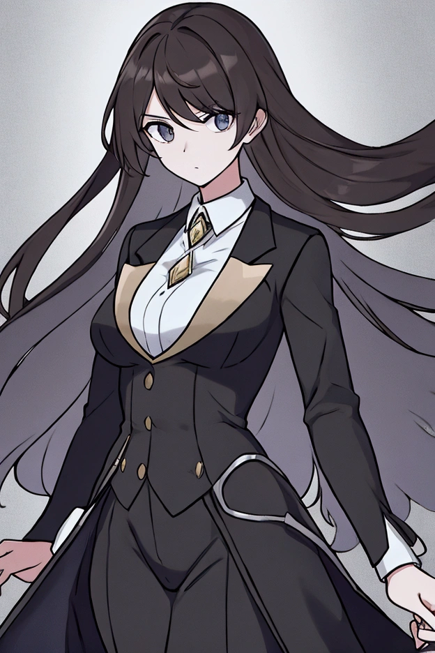 Have long brown hair and wear a black suit