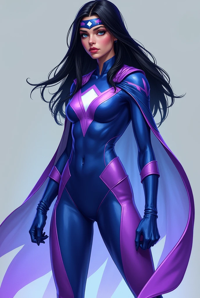 A girl with black hair Heroine, with light blue eyes, white, her costume is blue and violet, without a cape, a headband is described by her power of telepathy and passing through walls the character must be. Created full body
